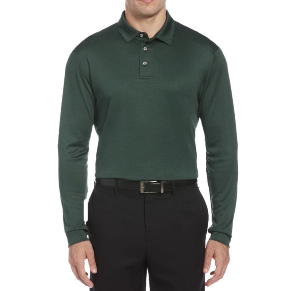 PGA TOUR APPAREL TWILL JACQUARD LONG SLEEVE GOLF POLO SHIRT. Melaleuca Green.